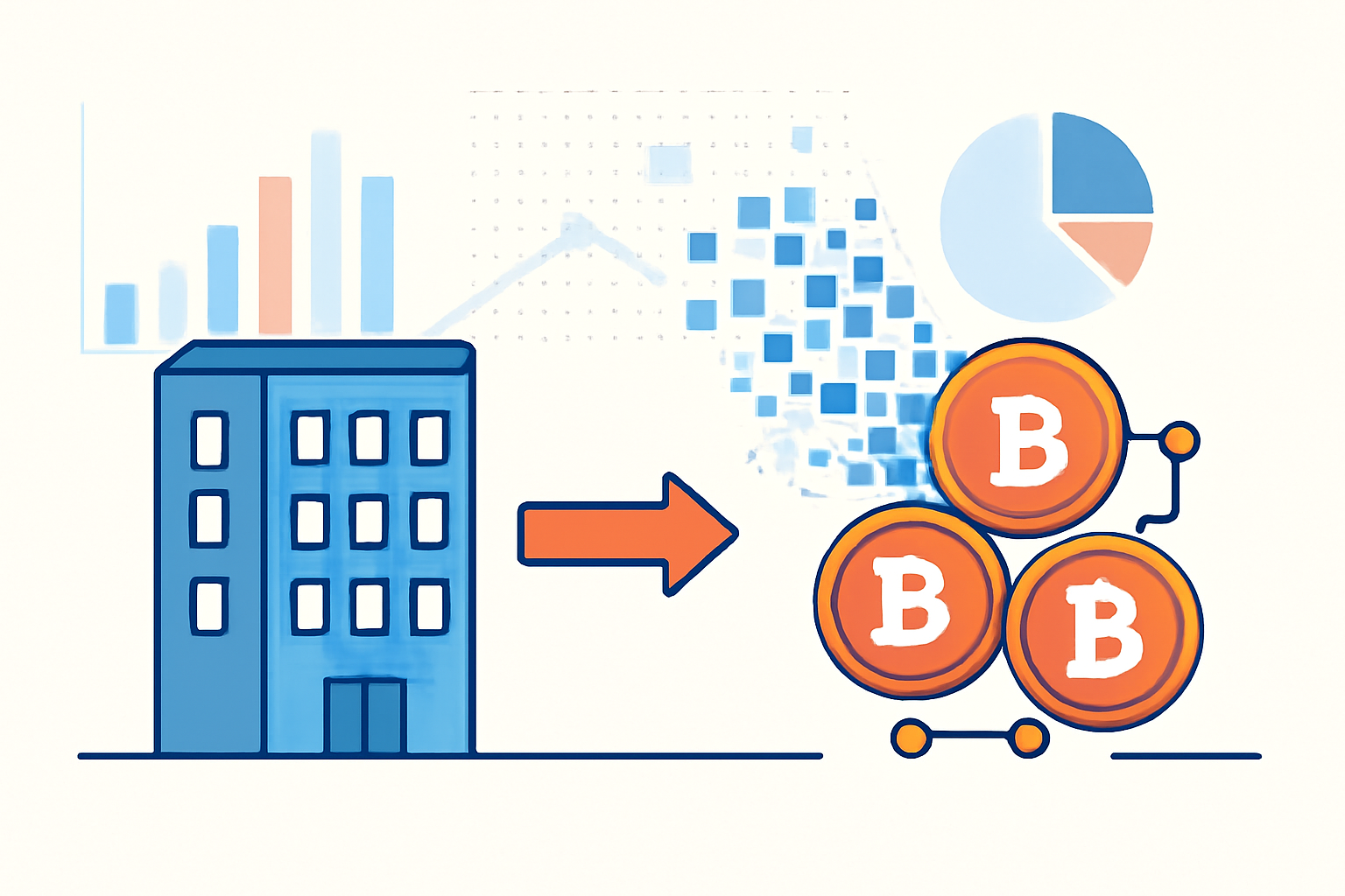 A digital illustration of a building being transformed into blockchain tokens, with graphs and charts in the background representing market data.