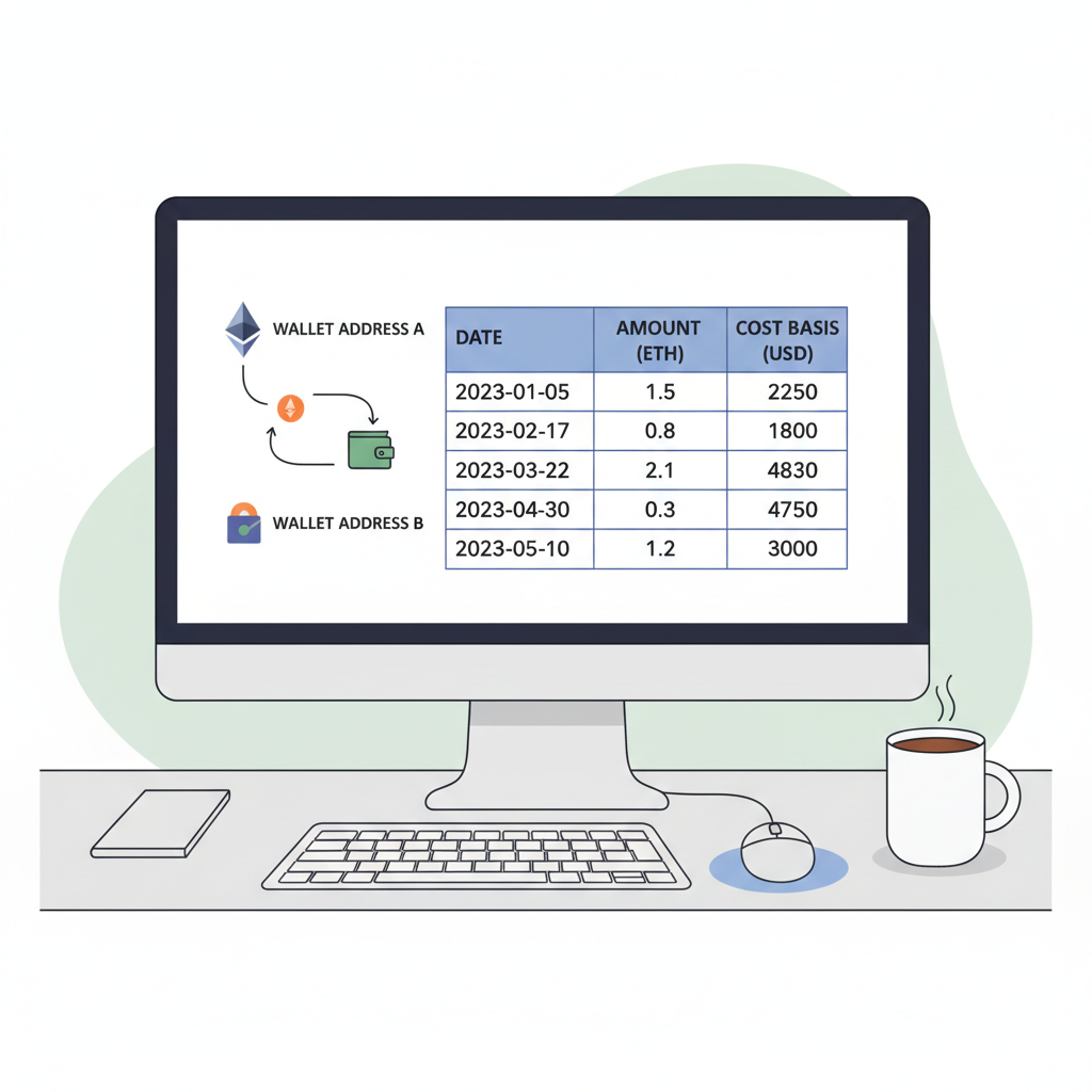 spreadsheet logging ETH tax lots per wallet, clean table with dates amounts cost basis, professional finance style