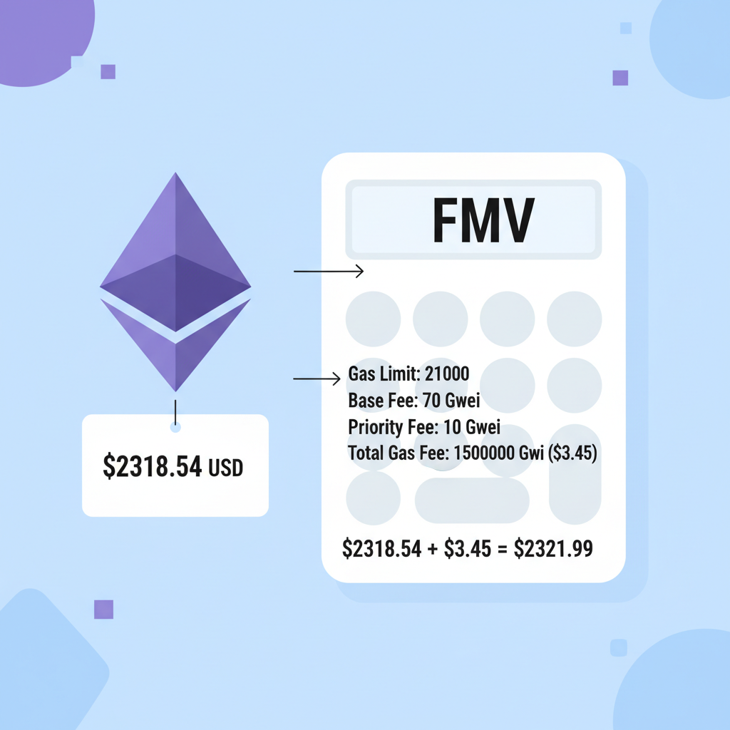 Ethereum gas fee calculation, ETH icon with price tag $2318.54, calculator showing FMV