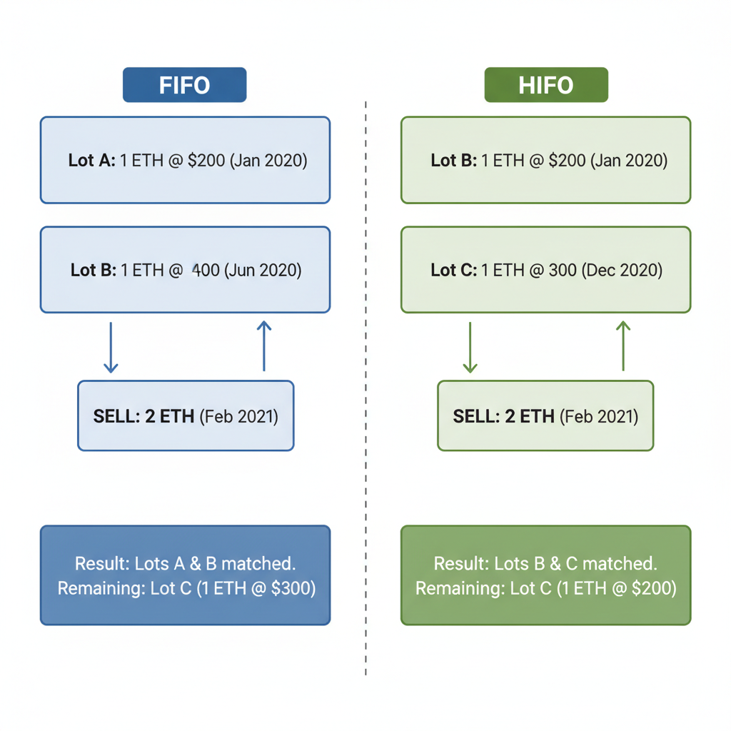 matching ETH lots FIFO vs HIFO flowchart, arrows connecting lots to disposal, analytical diagram