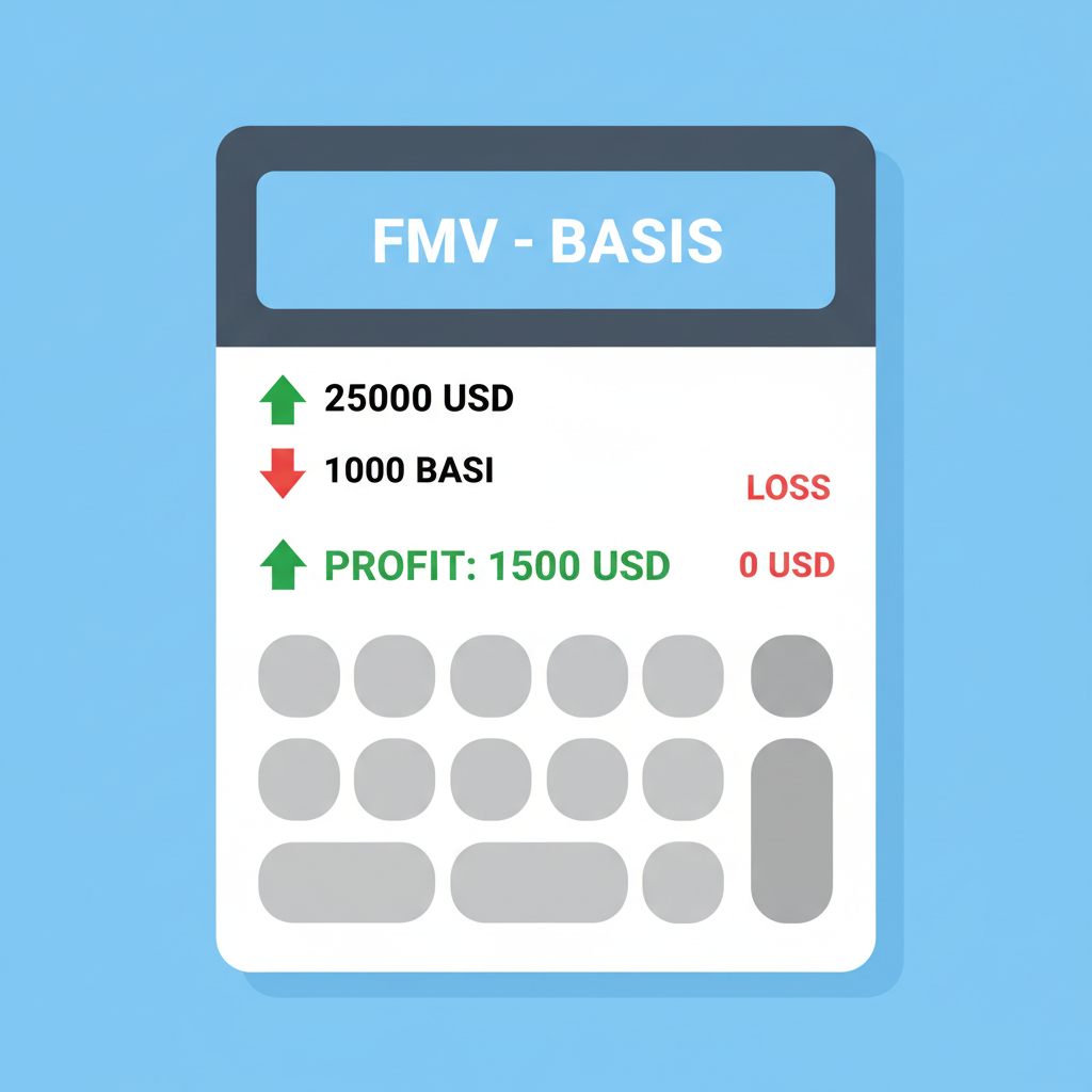 calculator computing crypto gain loss, formula FMV minus basis, green red arrows for profit loss