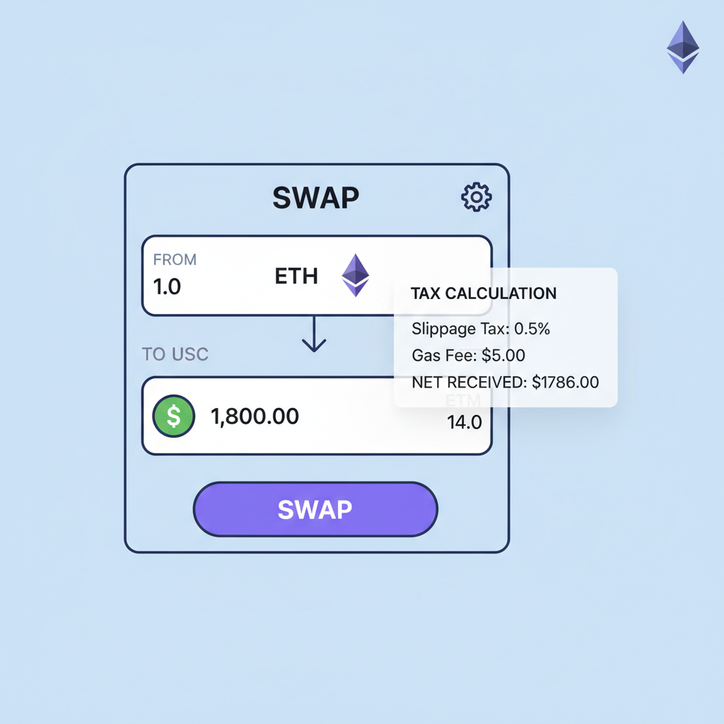DeFi swap interface Uniswap ETH to USDC, tax calculation overlay, Ethereum network
