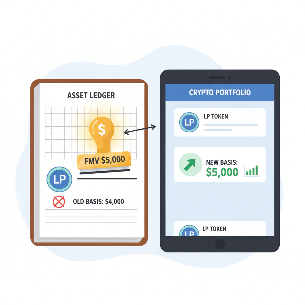 updating crypto portfolio basis, new LP token receipt with FMV stamp, organized ledger
