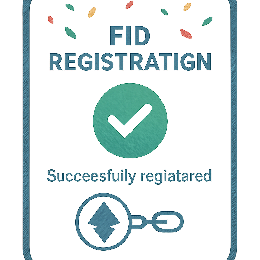 A digital certificate or badge showing a successful FID registration, with confetti and a linked Ethereum wallet icon.