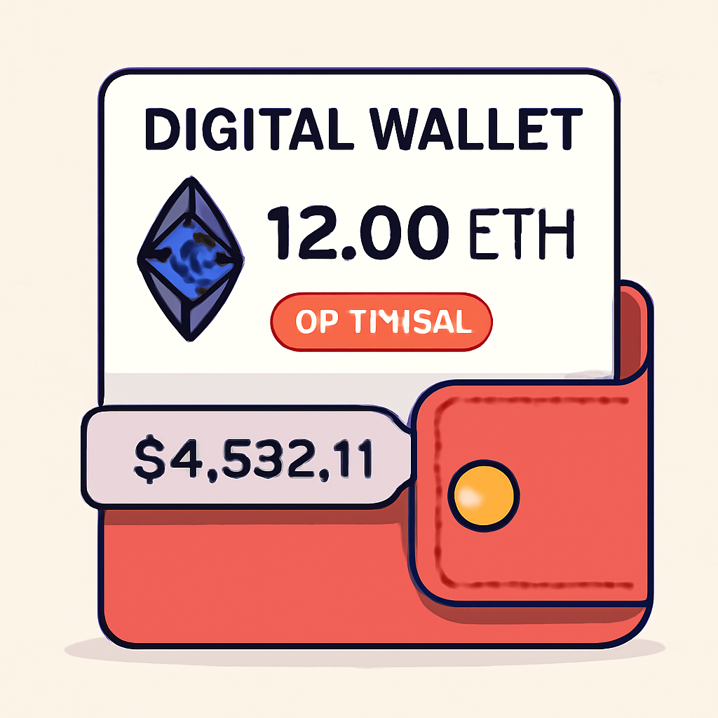 A digital wallet displaying an ETH balance, with the Optimism network highlighted and a price tag showing $4,532.11.