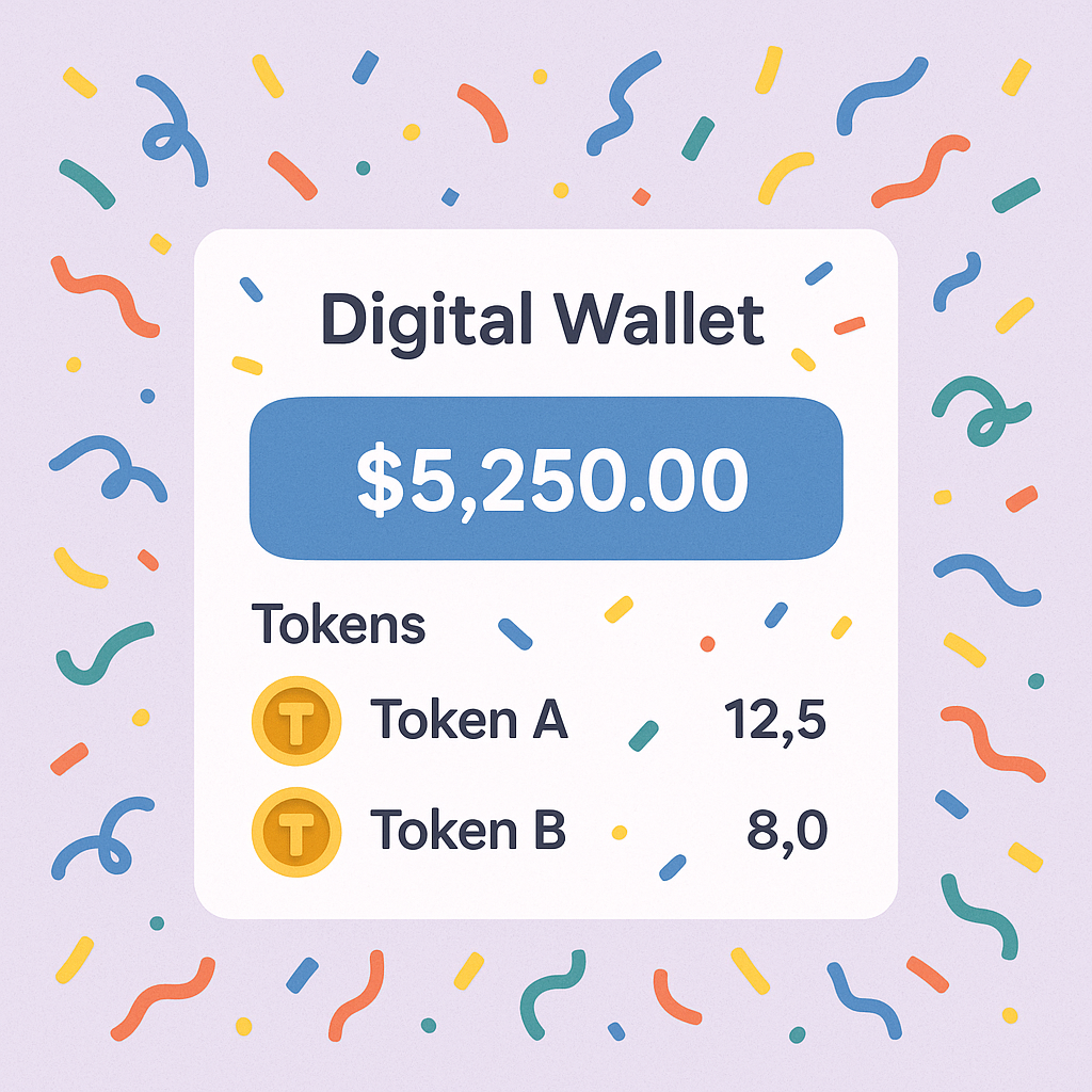 A digital wallet dashboard displaying account balance and tokens, with a celebratory confetti effect.