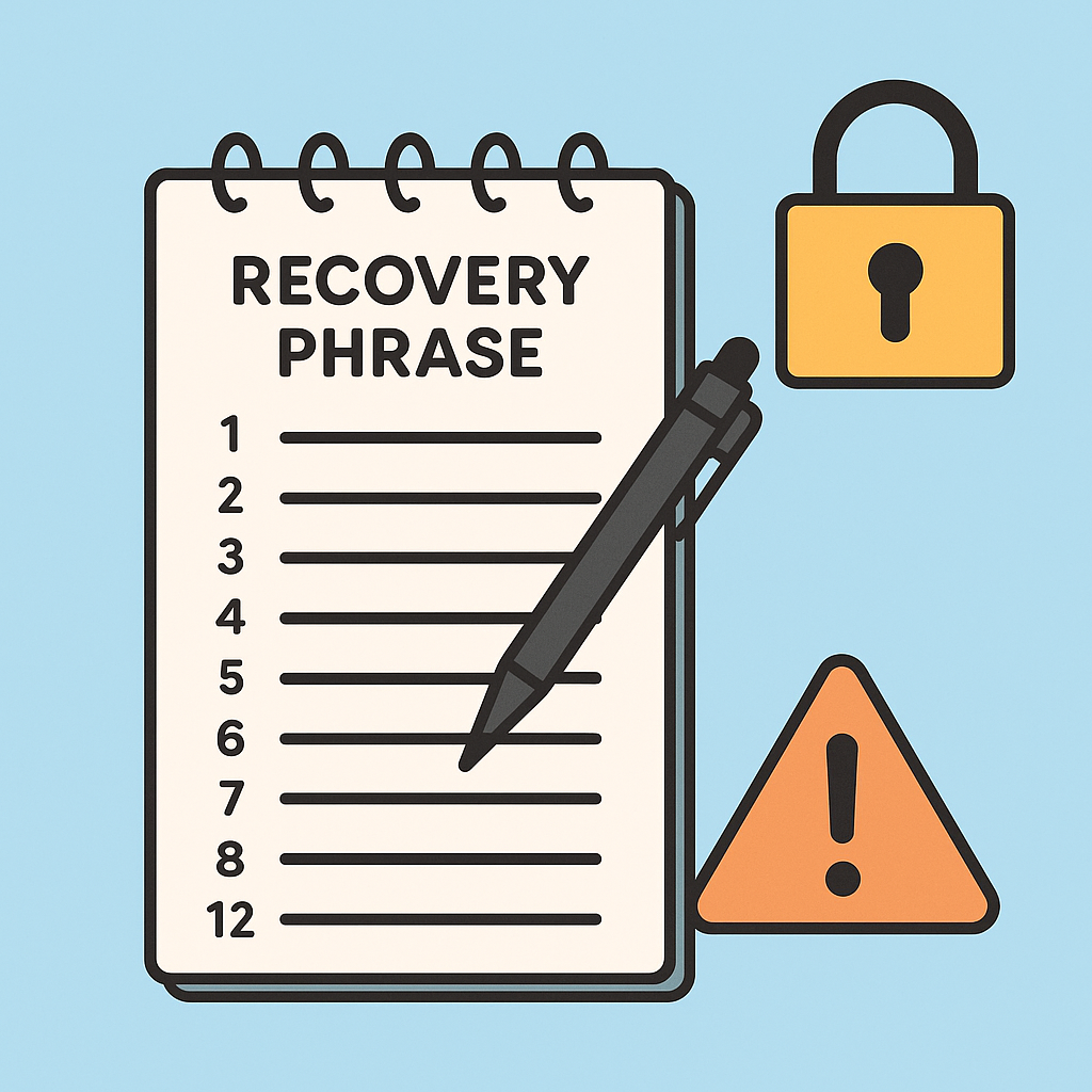 A notepad and pen with a recovery phrase being written, a lock and warning icon nearby for security emphasis.