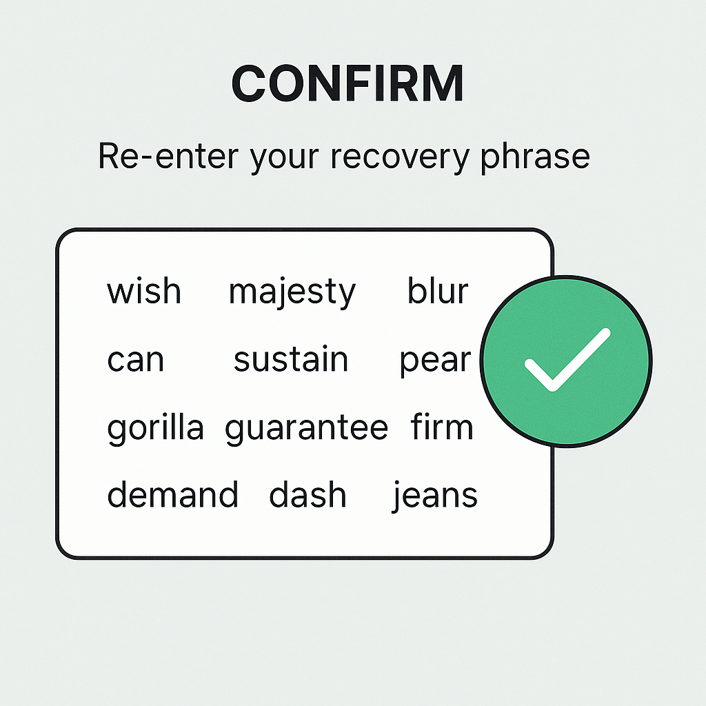 A confirmation screen where the user is re-entering their recovery phrase, with a checkmark appearing.