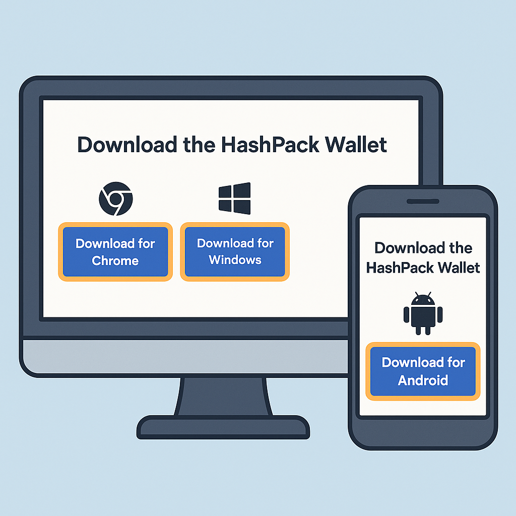 A computer and smartphone screen displaying the HashPack wallet download page, with download buttons highlighted.