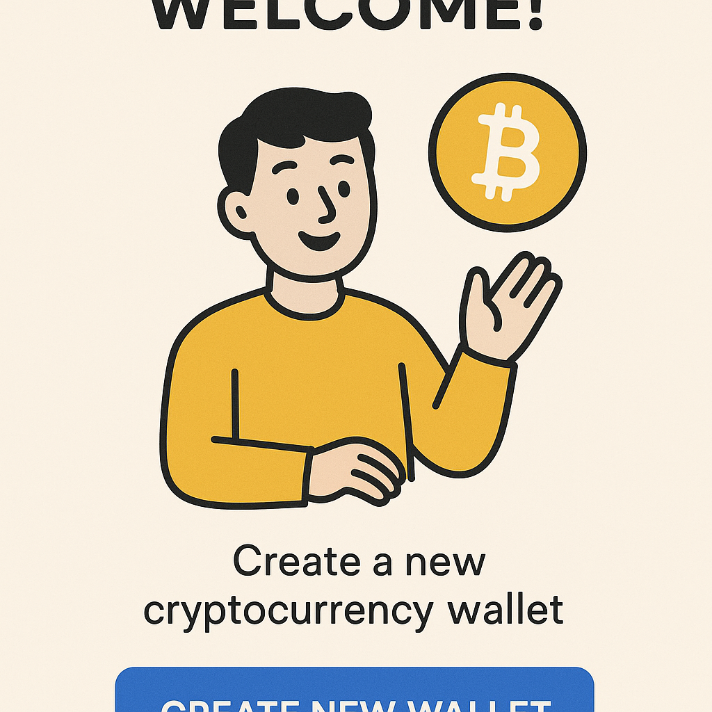 A friendly app welcome screen with the 'Create New Wallet' button clearly visible and highlighted.