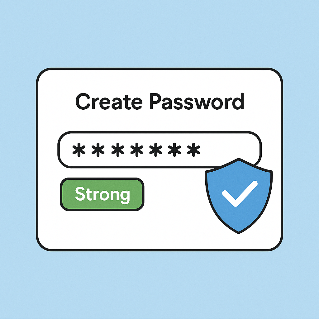 A password creation screen with a strong password being entered and a shield icon for security.