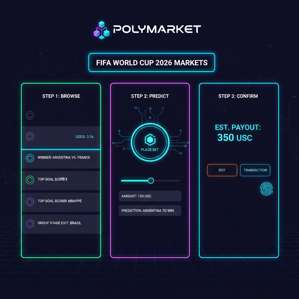 futuristic Polymarket interface showing World Cup 2026 betting markets, neon blockchain glow