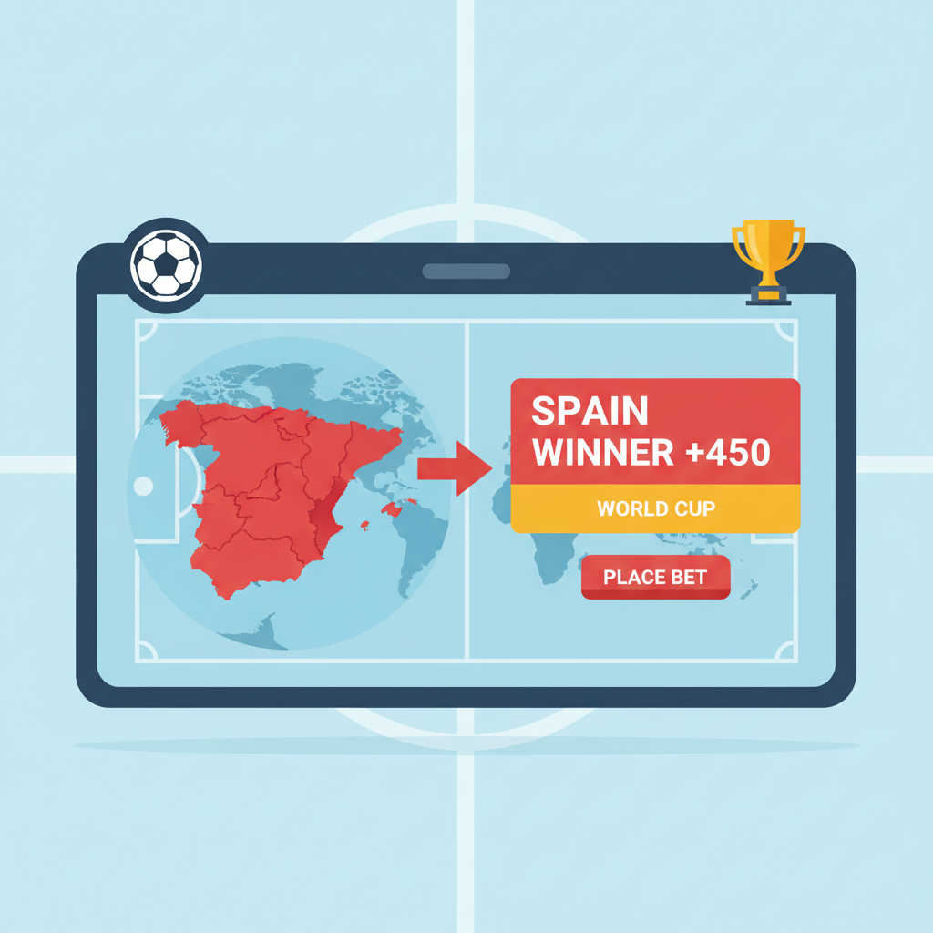 selecting Spain +450 winner bet on World Cup market screen, vibrant soccer graphics