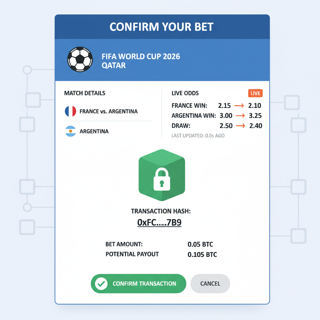 confirming bet transaction on blockchain with live World Cup odds updating