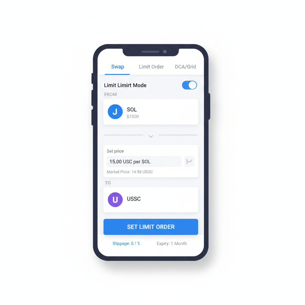 Jupiter Mobile app swap tab with limit order mode selected
