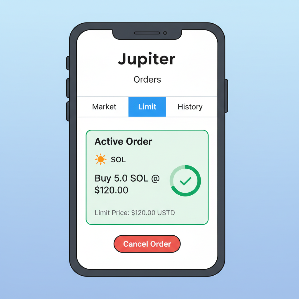 Jupiter Mobile orders tab with active SOL limit order