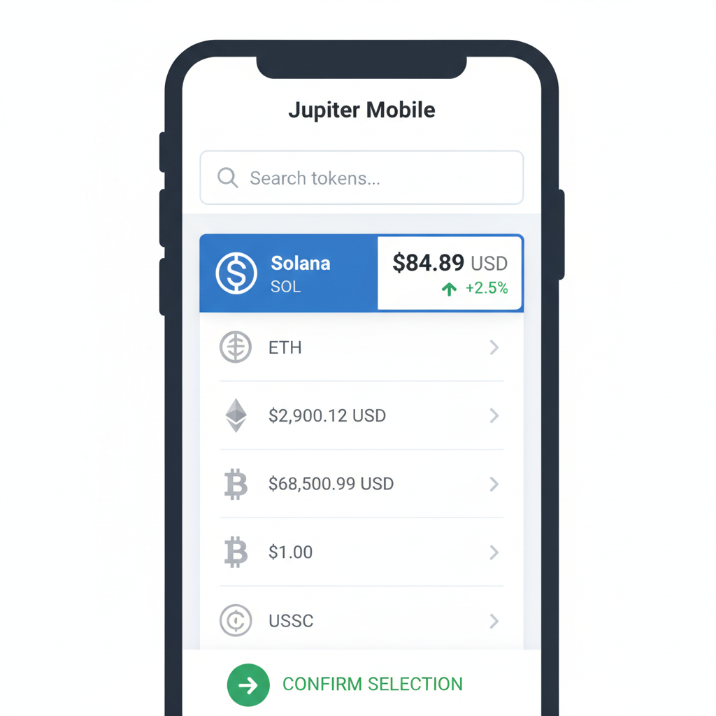 Jupiter Mobile token selector with SOL highlighted at $84.89