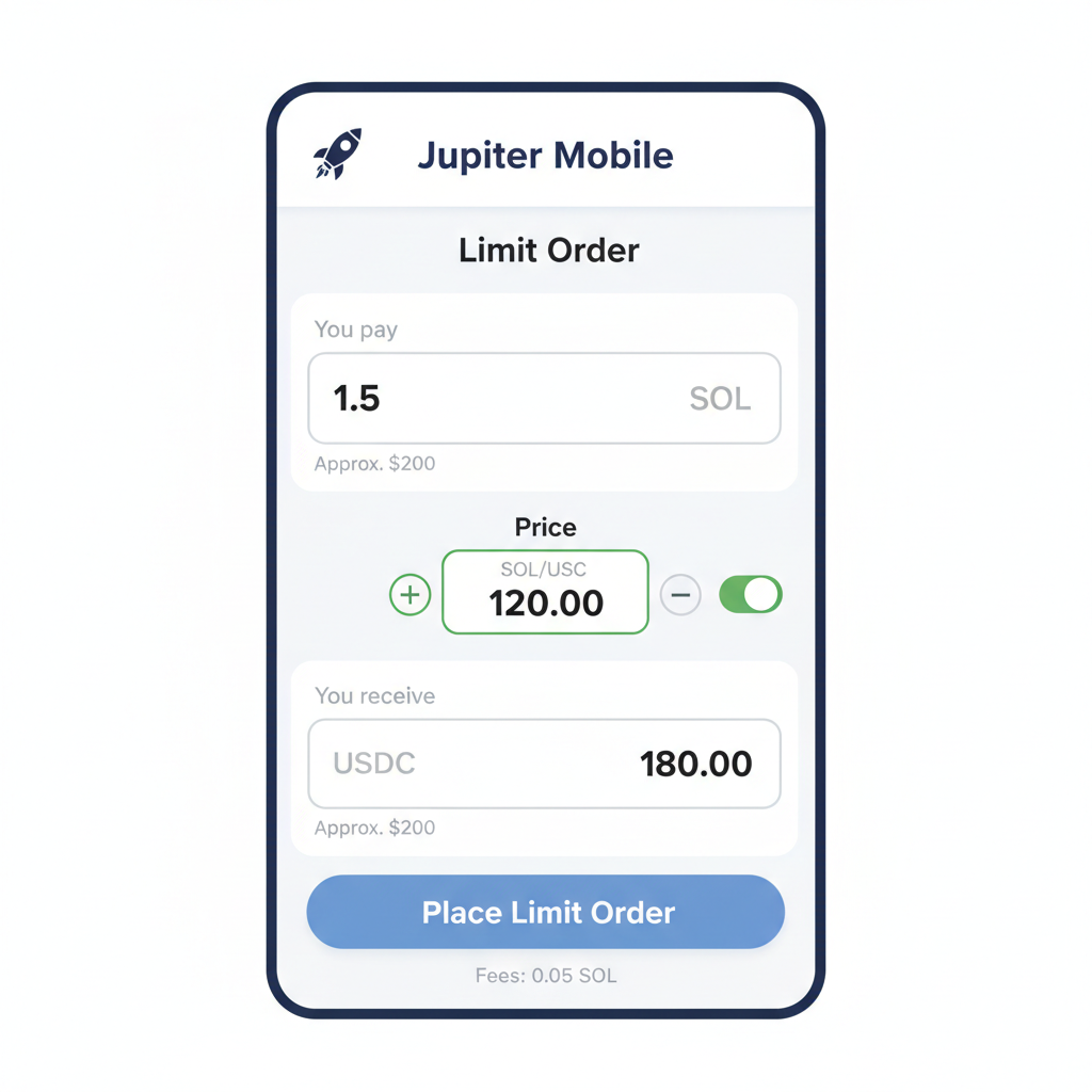 Jupiter Mobile limit order form with SOL amount and price input