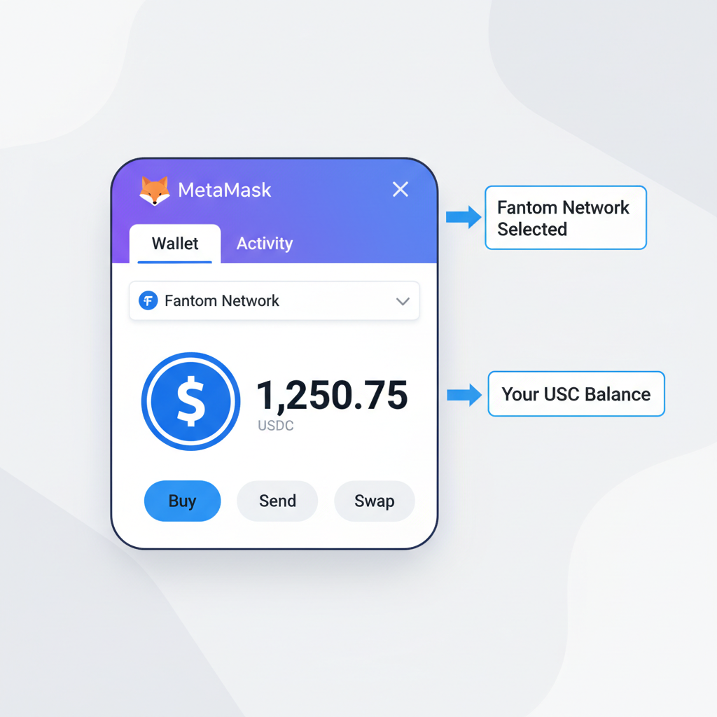MetaMask wallet interface showing USDC balance on Fantom network