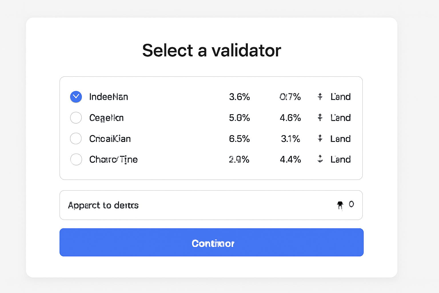 A validator selection screen in Ledger Live, with validator statistics visible and a field for entering the staking amount.