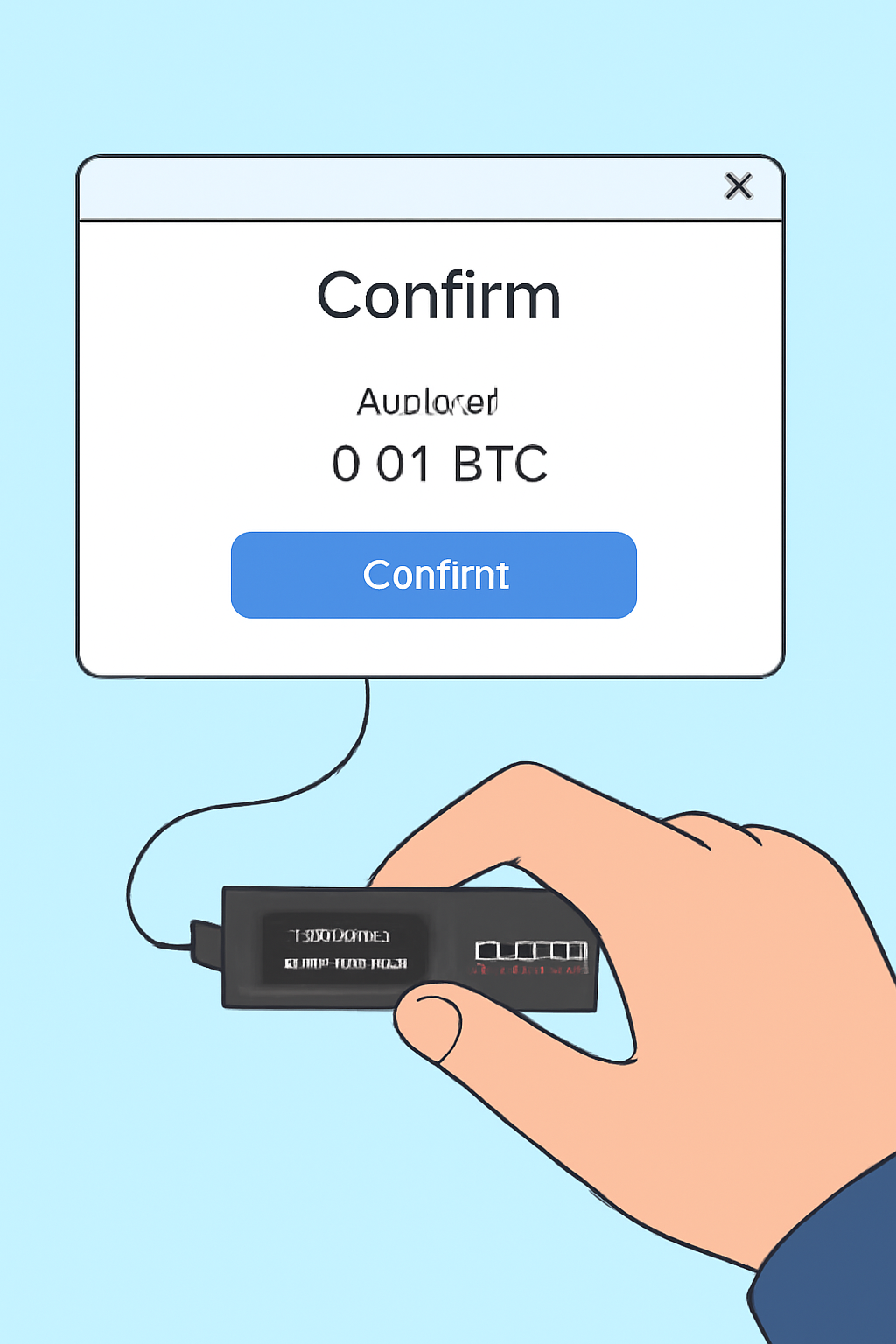 A hand confirming a transaction on a Ledger hardware wallet, with the Ledger Live confirmation screen in the background.