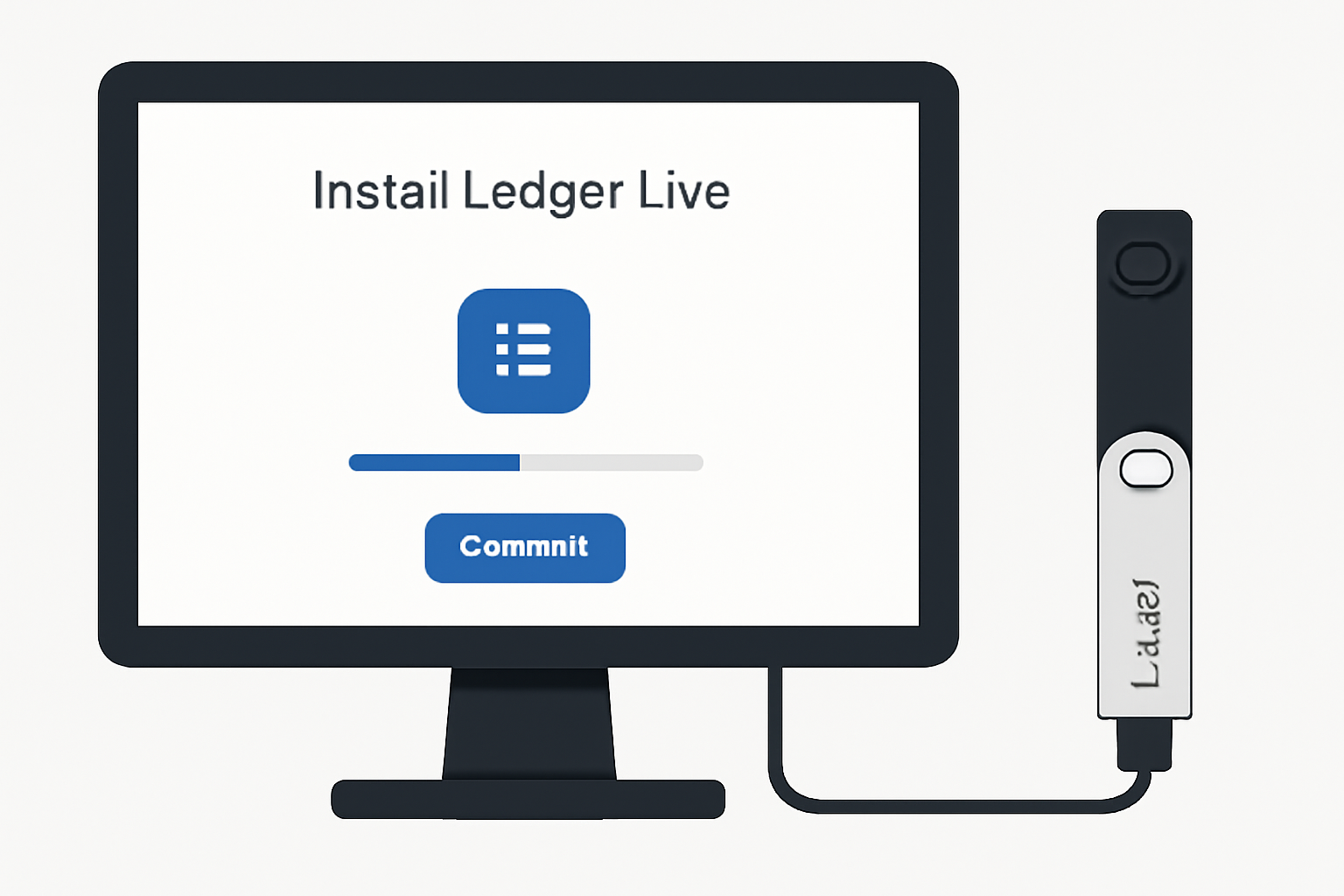 A computer screen displaying the Ledger Live installation process with a Ledger hardware wallet connected via USB.
