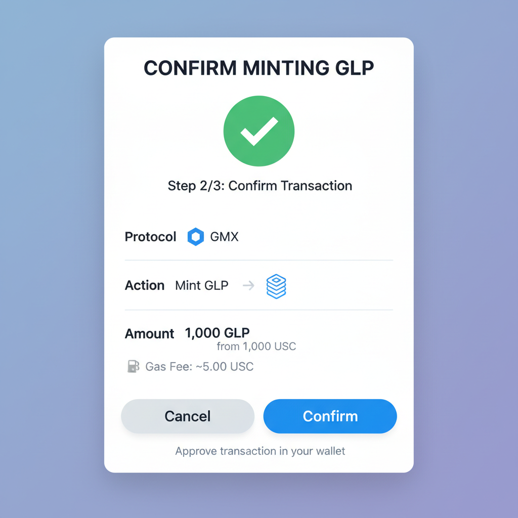 transaction confirmation popup for minting GLP on GMX