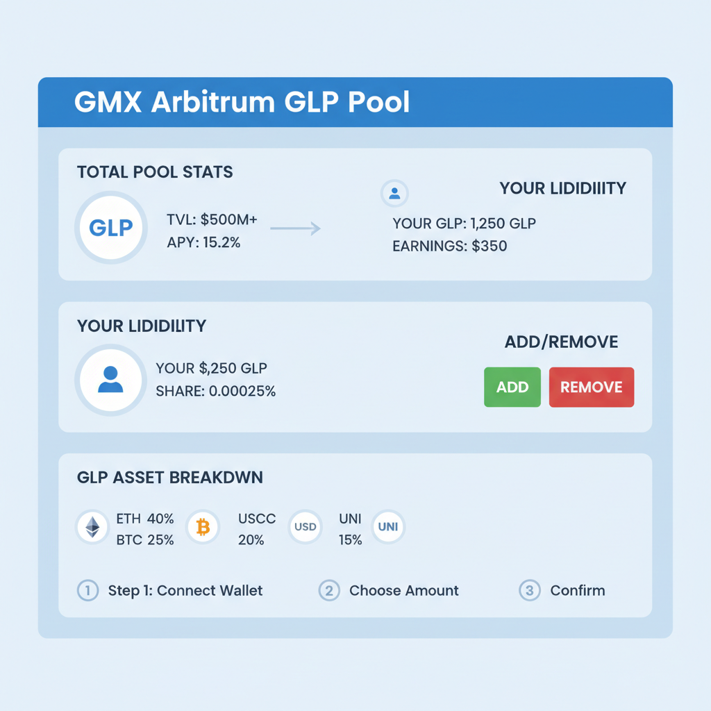 GMX Arbitrum pool page interface with GLP stats