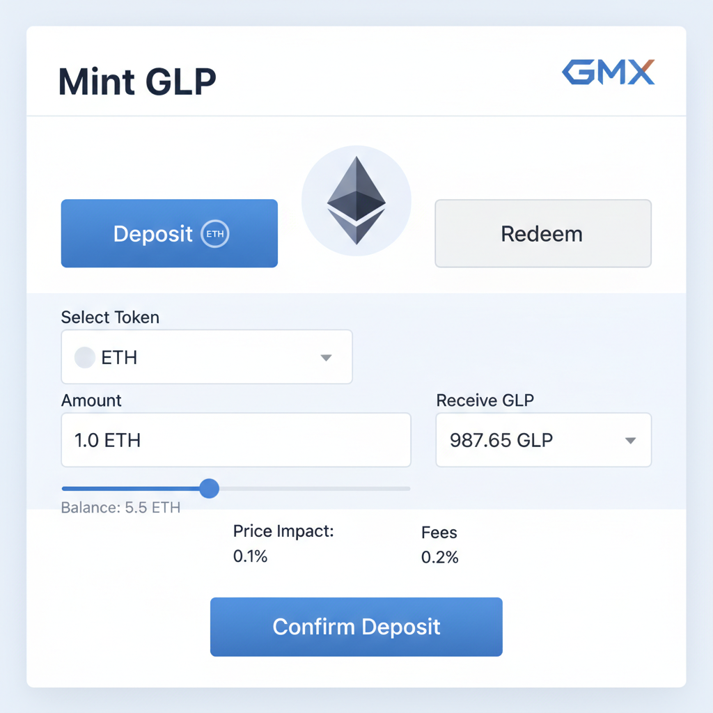 GLP minting form selecting ETH deposit on GMX