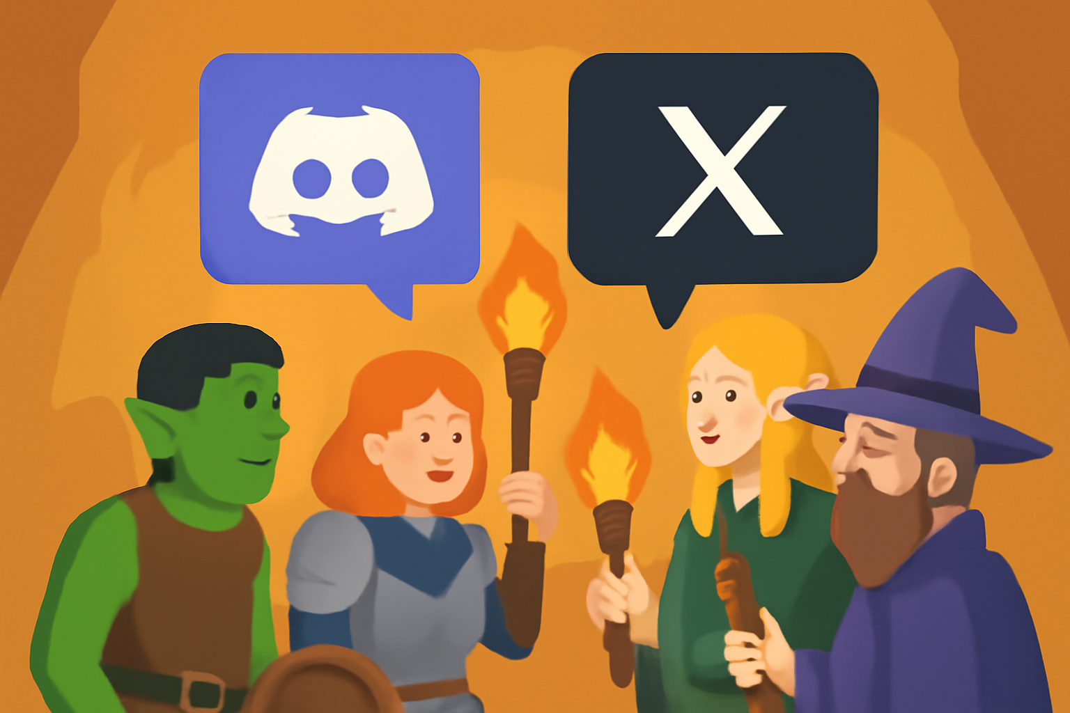 vibrant Discord and X chat bubbles with fantasy guild members, torches lit
