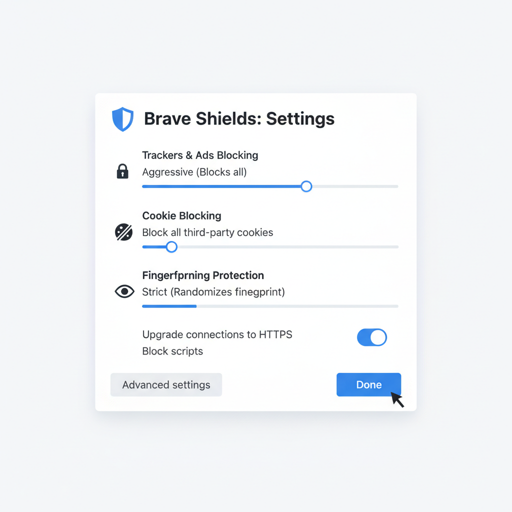 brave shields settings panel with max privacy sliders