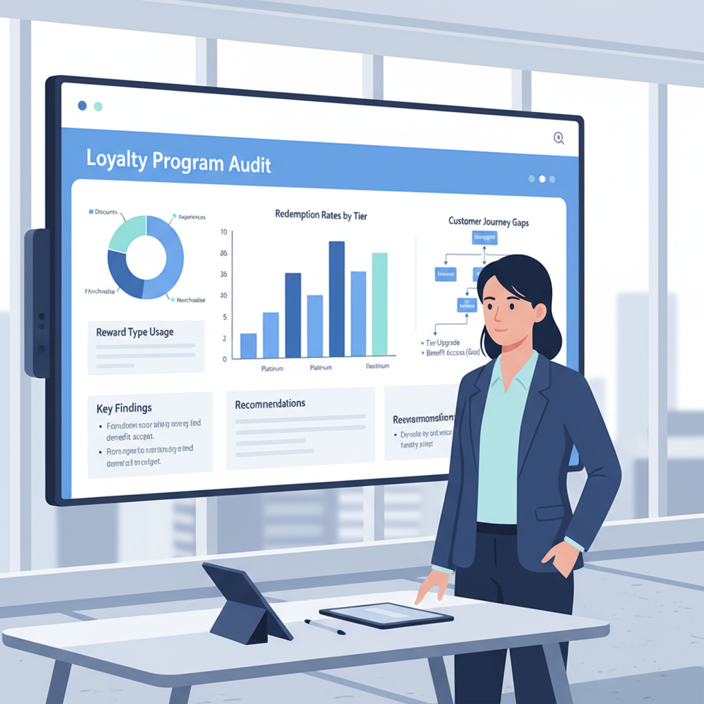 professional auditor reviewing loyalty program charts and gaps on large screen in modern office, analytical graphs showing redemption rates, blue tones
