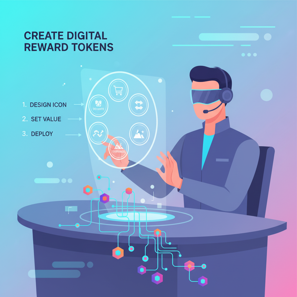 futuristic designer creating digital reward tokens with icons for discounts trades experiences on holographic interface, vibrant blockchain elements