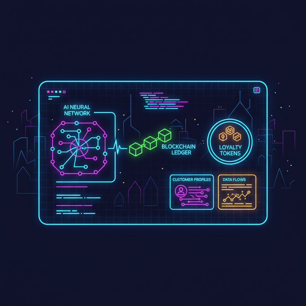 AI neural network integrating with blockchain for personalizing loyalty tokens, data flows and customer profiles on digital dashboard, neon glow