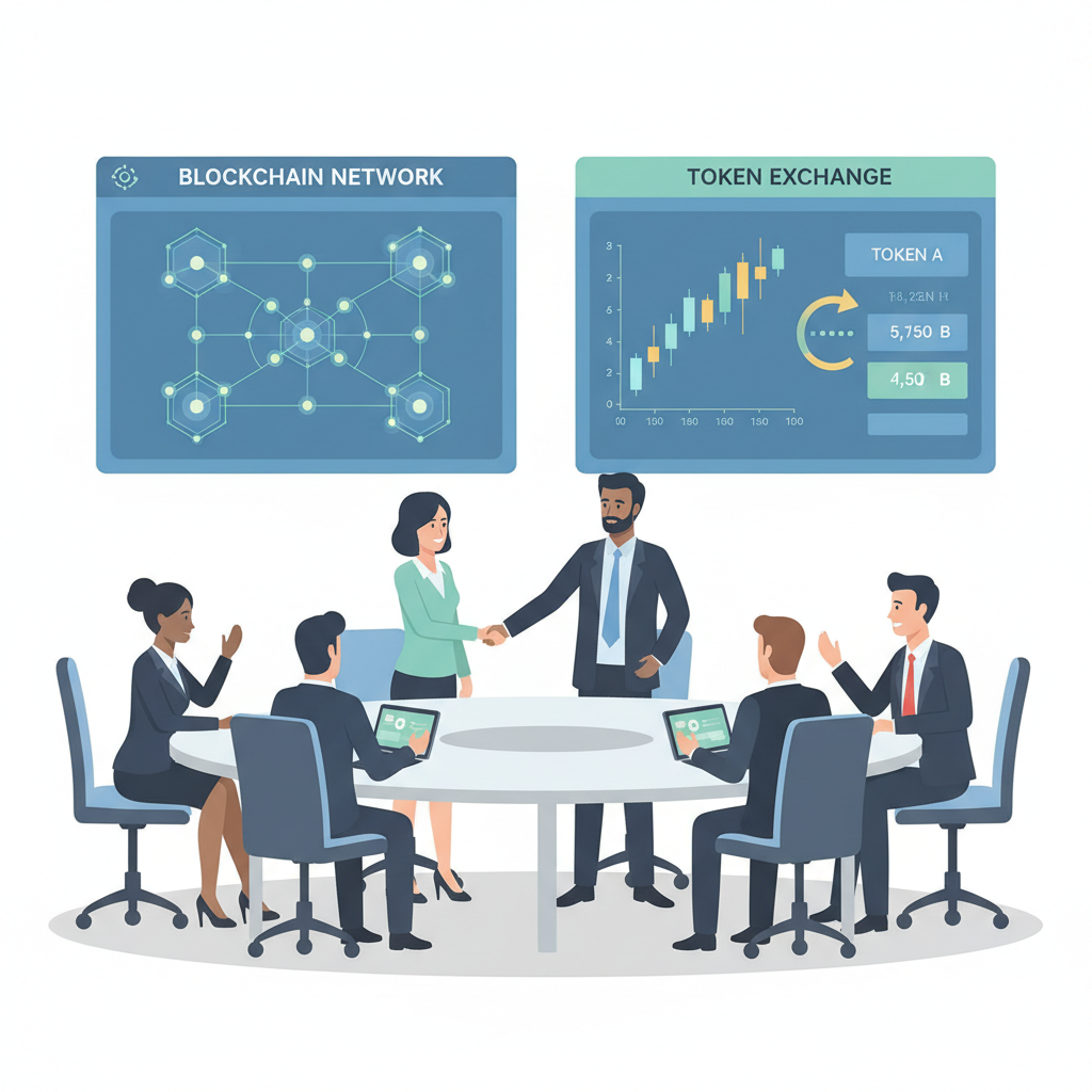 retail executives launching pilot with partners around conference table, blockchain network visualization and token exchange screens