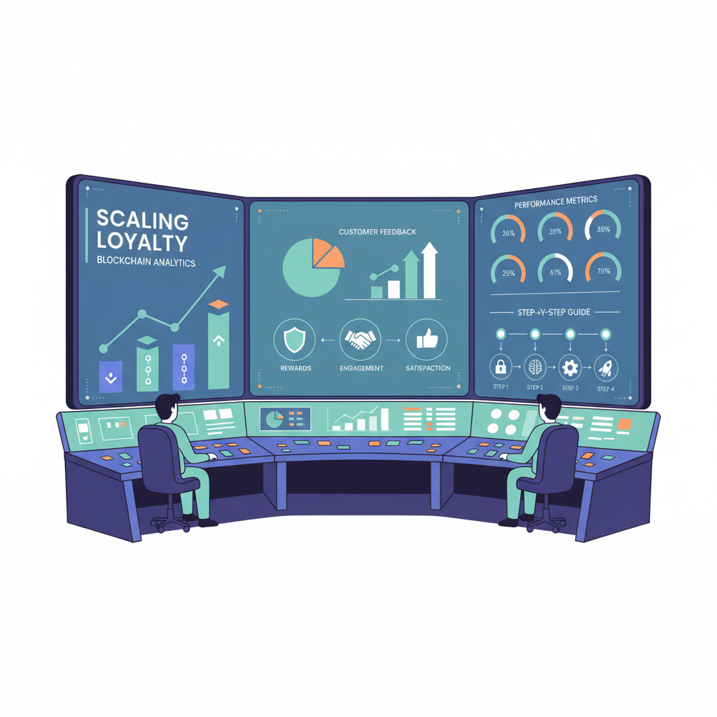 scaling loyalty dashboard with blockchain analytics charts rising graphs customer feedback icons professional control room