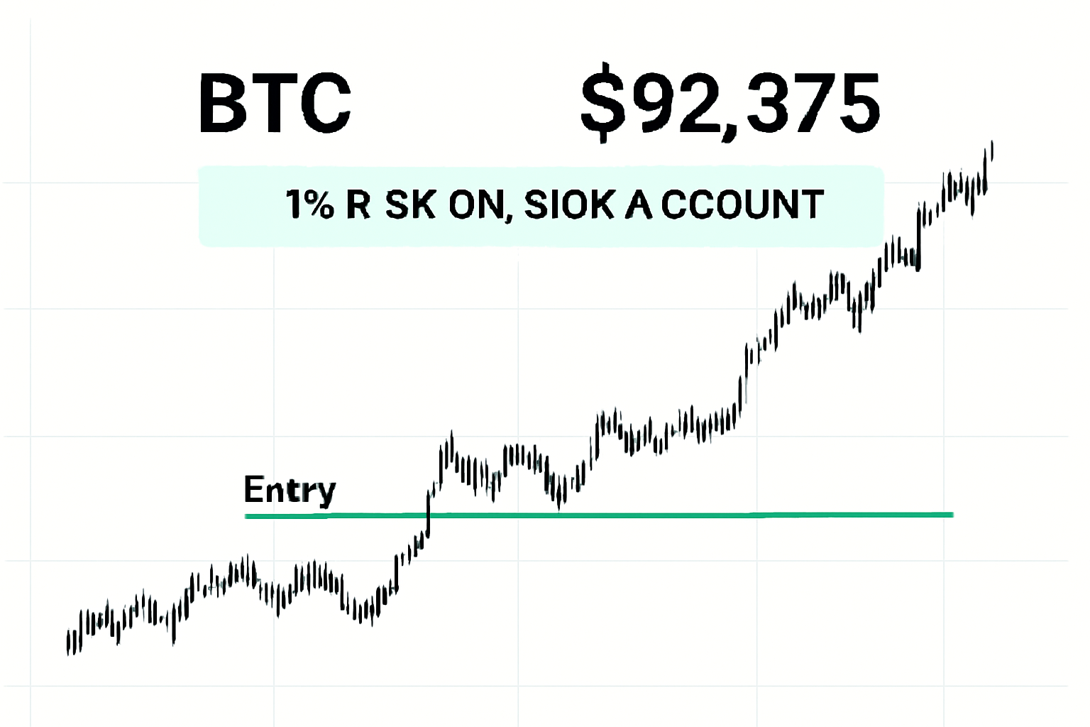 clean chart showing BTC at $92,375 with 1% risk label on $10k account, green entry line, professional trading interface