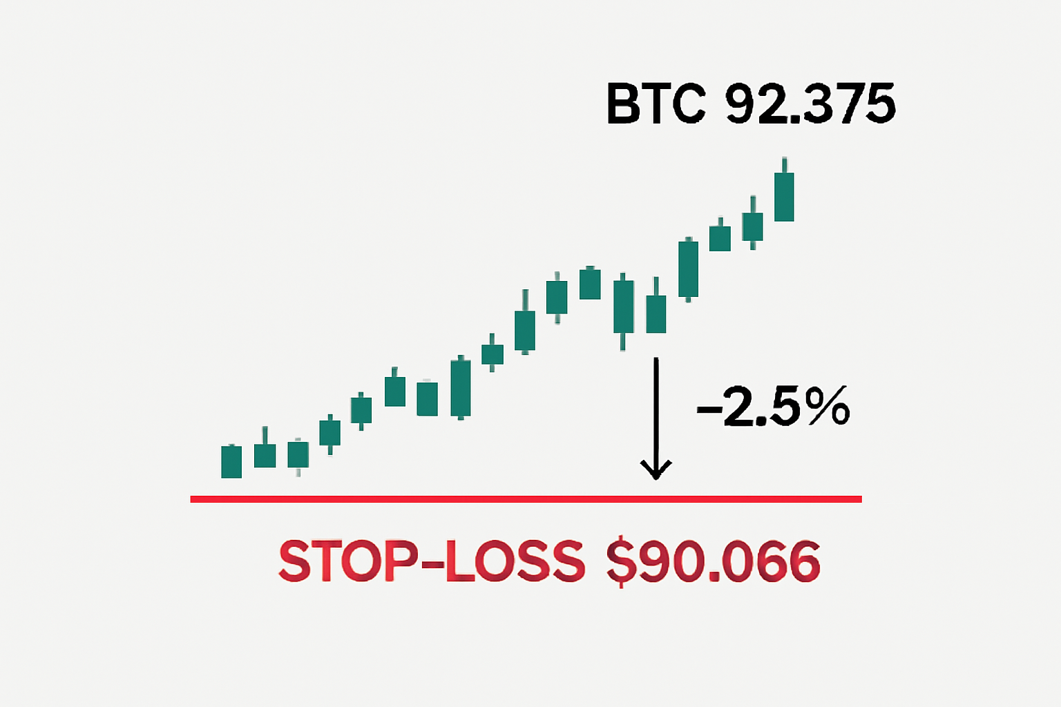 BTC price chart at $92,375 with red stop-loss line at $90,066 marked 2.5% below, arrows showing distance, minimalist