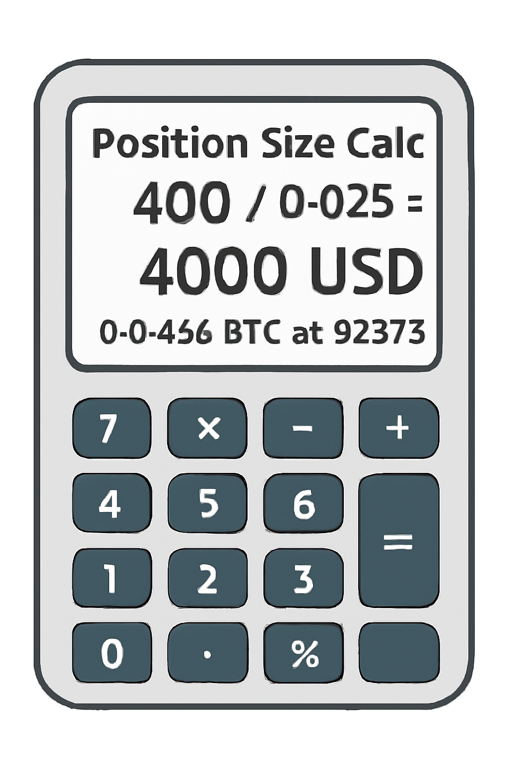 calculator screen showing position size calc: 100 / 0.025 = 4000 USD, 0.0433 BTC at 92375, crypto trading calculator