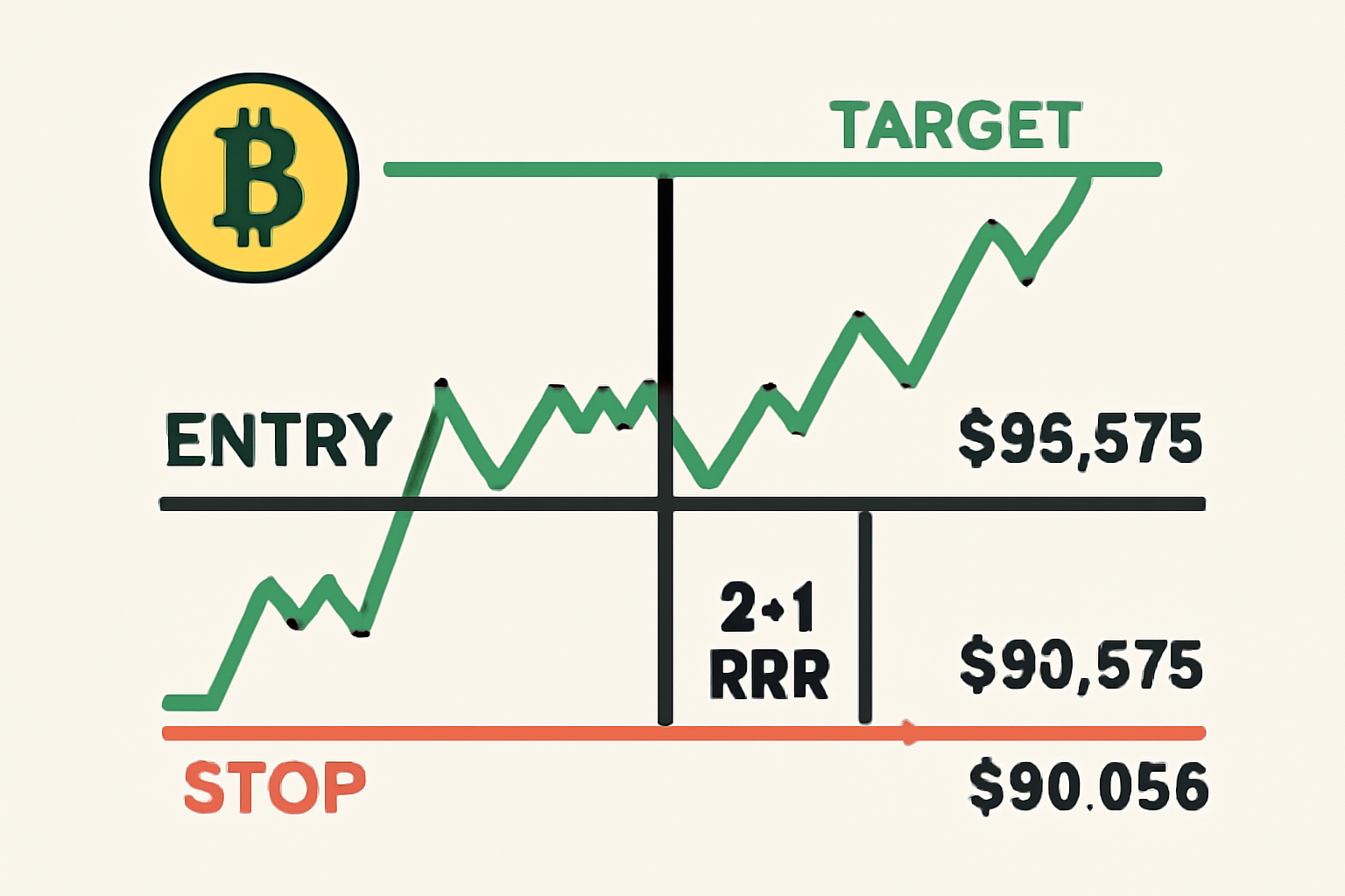 BTC chart entry $92,375, stop $90,066, green target $96,993, 2:1 RRR ratio highlighted with lines