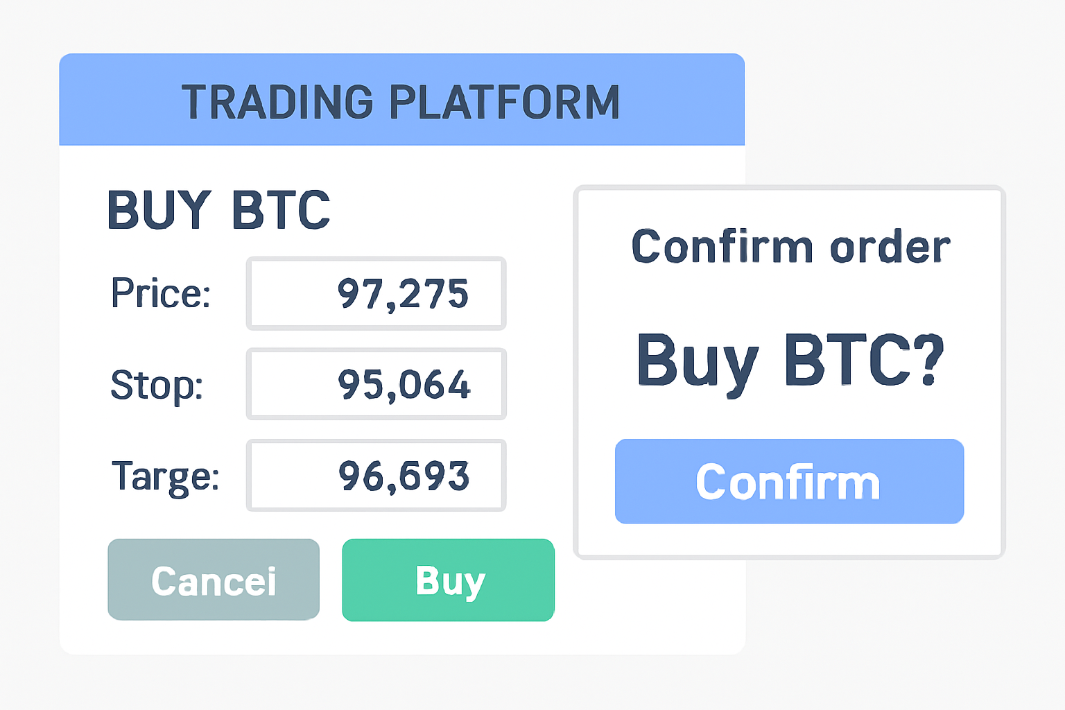 trading platform interface placing BTC buy order at 92375, stop 90066, target 96993, buttons and confirm screen