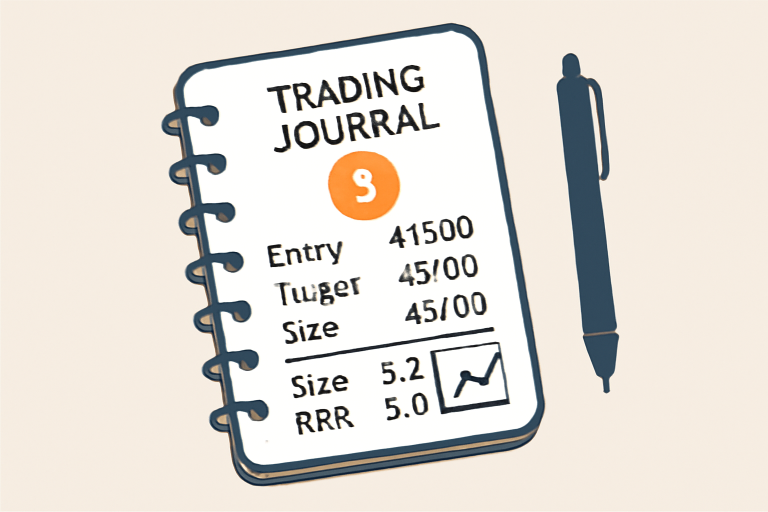 trading journal notebook with BTC trade details logged: prices, sizes, RRR, pen and chart icons