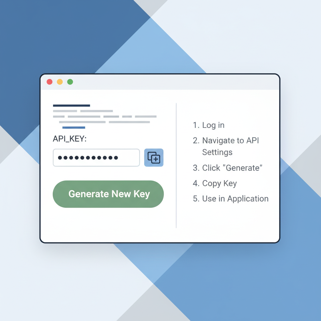 Dashboard showing API key generation, copy icon, secure input field in code editor