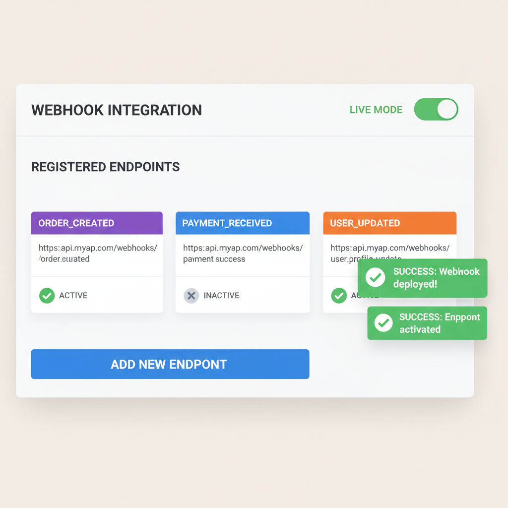 Webhook setup dashboard with endpoints listed, toggle to live mode, success notifications