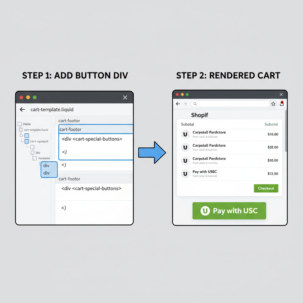 Shopify cart page template editor adding button div, rendered cart with green USDC button