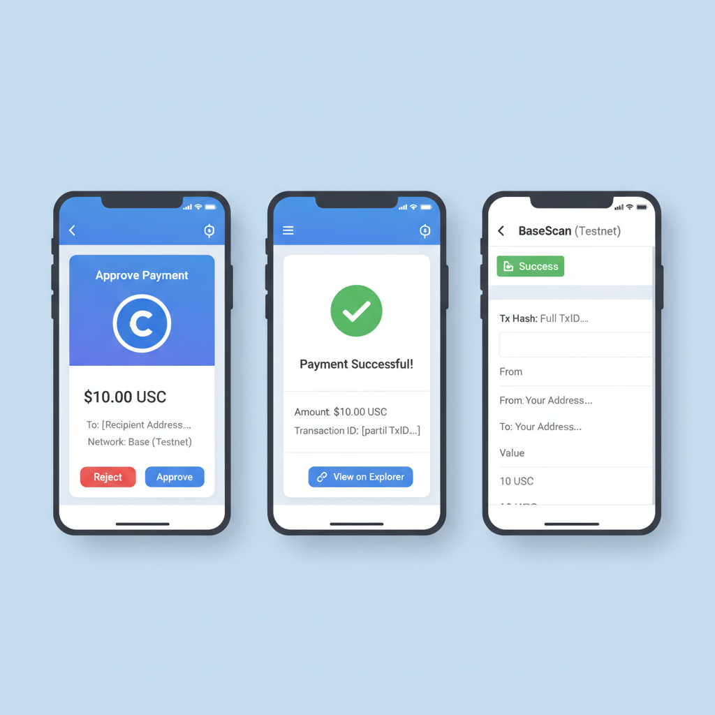 Wallet popup approving USDC test payment on Base network, success screen with explorer link