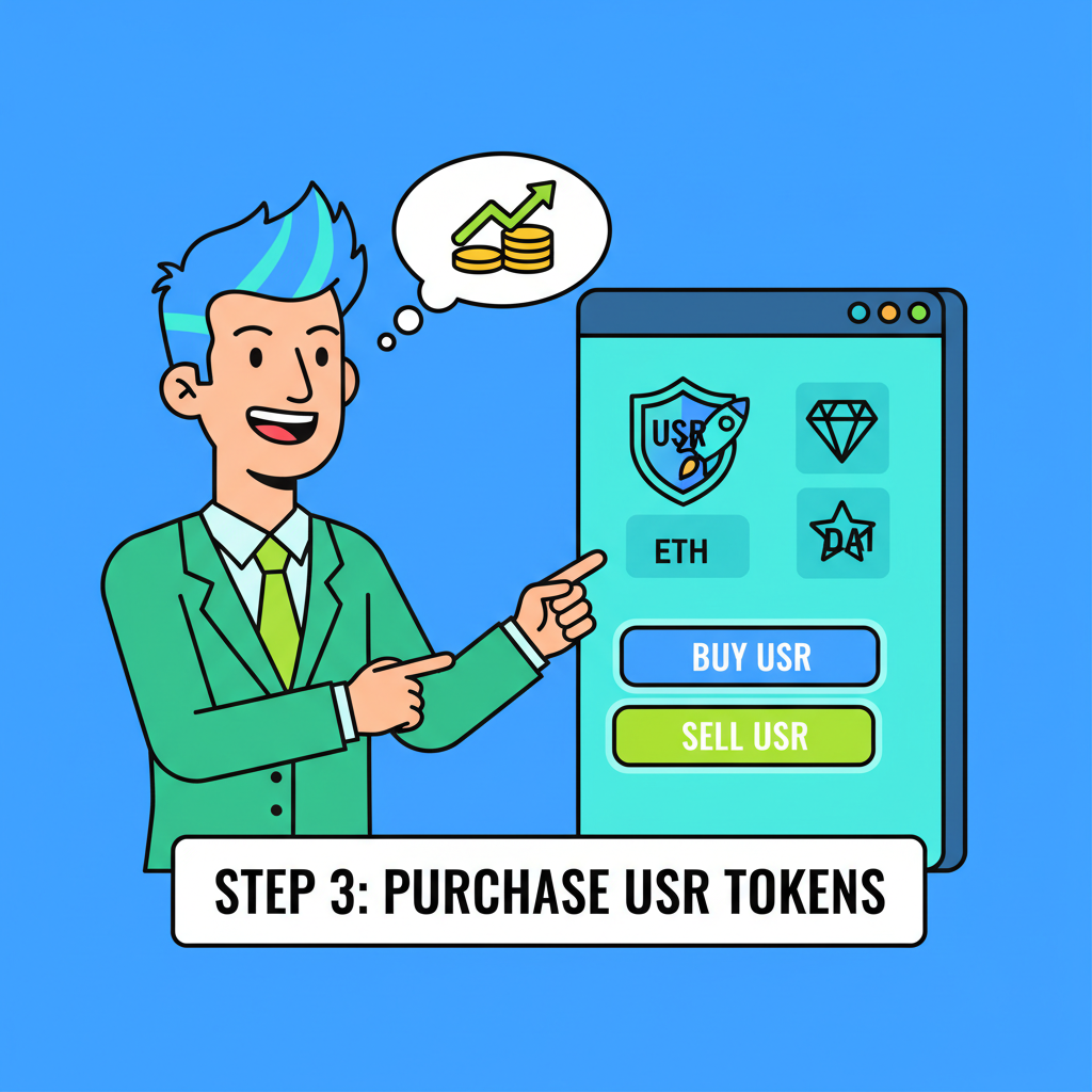 cartoon investor buying USR tokens on DEX screen, vibrant blues and greens, simple icons