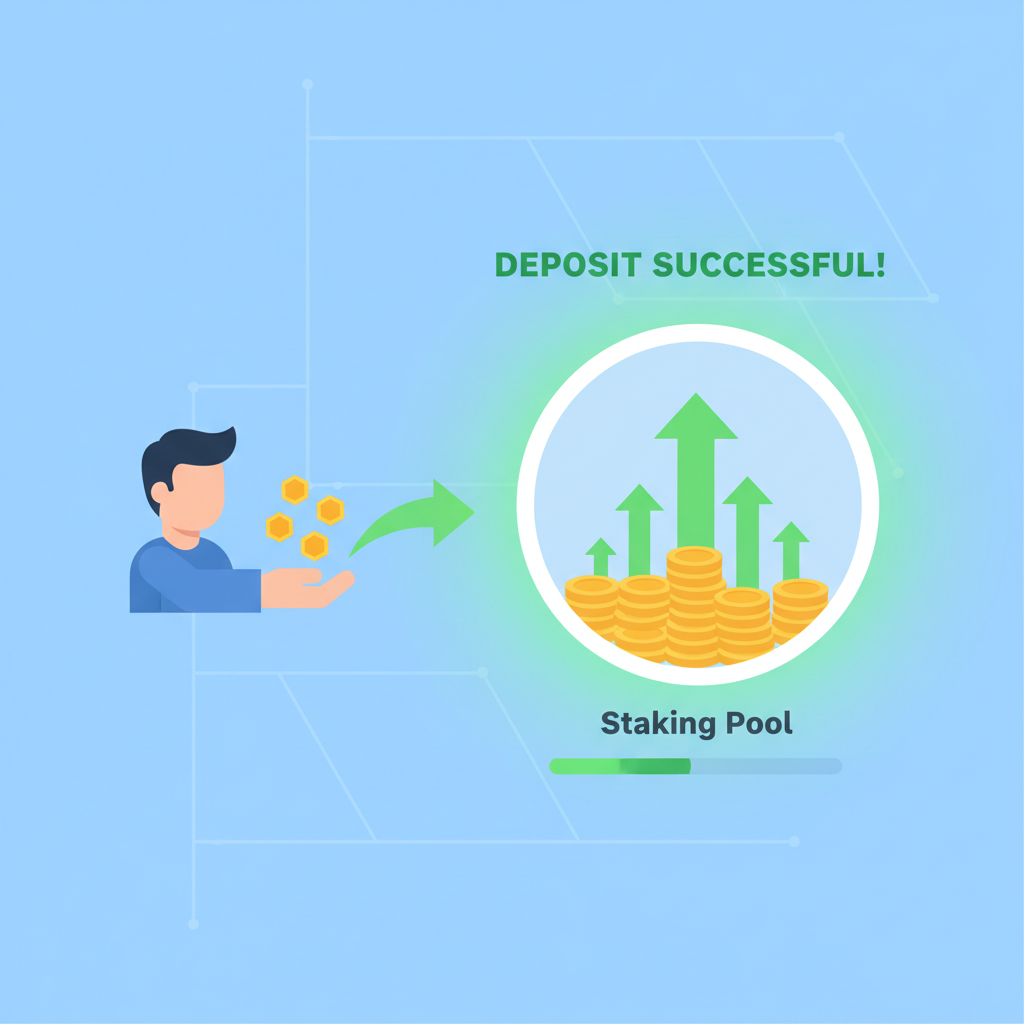 user depositing tokens into staking pool on dashboard, upward arrows, green success glow