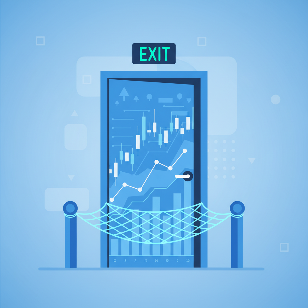 exit door with crypto charts, safety net below, calm blue tones