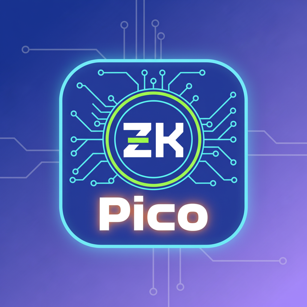 Futuristic zkVM virtual machine icon, Pico text, circuit patterns
